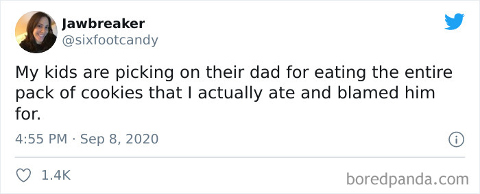 Tweet about kids blaming their dad for eating cookies, featured in popular parenting tweets of September collection.