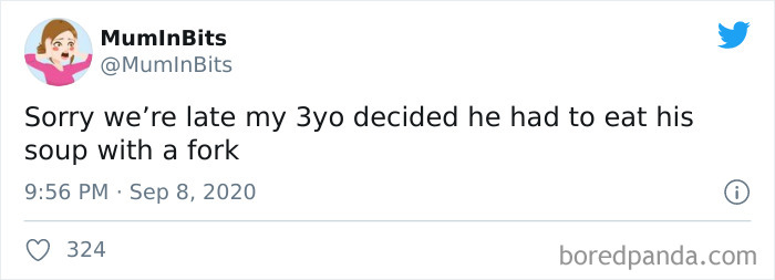 Parenting tweet about a toddler deciding to eat soup with a fork, highlighting humorous parenting moments.