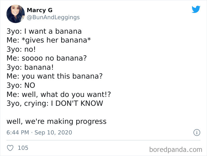 Parenting tweet showing a humorous conversation between a parent and 3-year-old about wanting a banana.