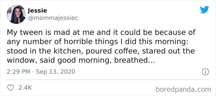 Parenting tweet about a mom listing simple morning actions that upset her tween, highlighting relatable parenting moments.