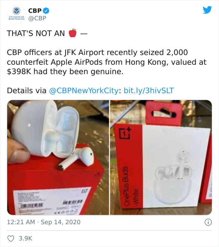 U.S. Customs Confiscates 2,000 Pieces Of "Counterfeit Apple AirPods," Turns Out They're Actually Made By OnePlus U.S. Customs Confiscates 2,000 Pieces Of "Counterfeit Apple AirPods," Turns Out They're Actually Made By OnePlus