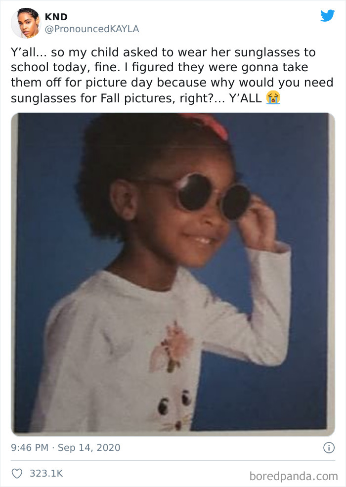Child wearing sunglasses for school picture day, a humorous parenting tweet capturing a funny parenting moment.