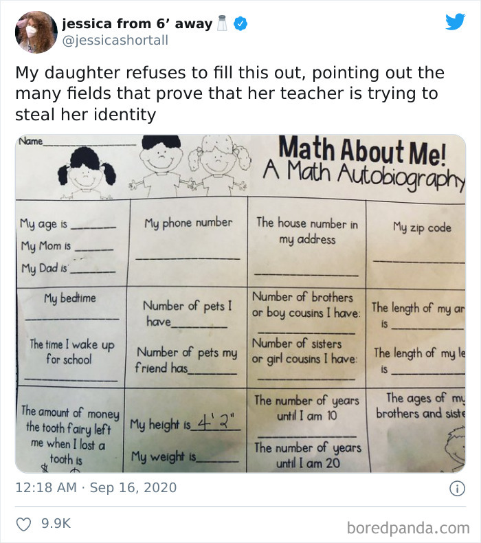 Parenting tweet showing a child’s math autobiography worksheet refusing to fill out personal information fields.