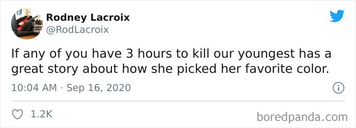 Tweet about parenting sharing a funny story from a parent about their youngest child choosing a favorite color.