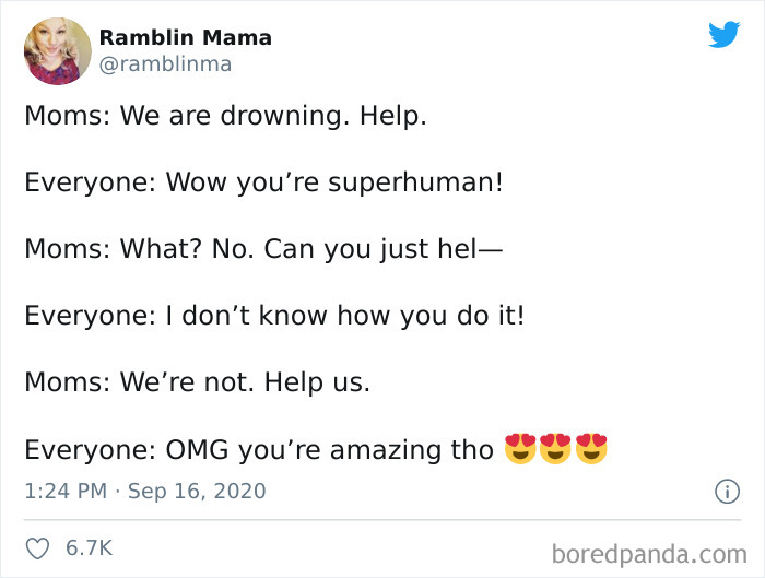 Tweet from Ramblin Mama humorously describing the struggles of moms and their need for help in parenting tweets.