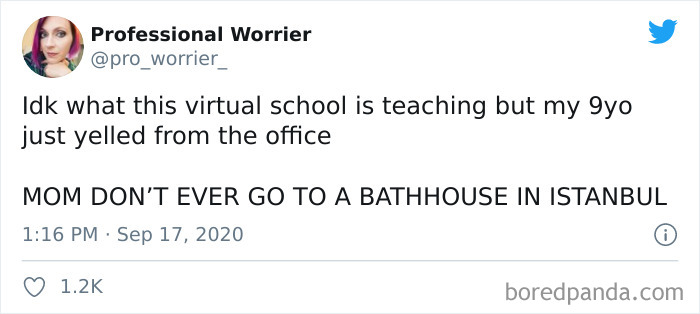 Tweet about virtual school and parenting challenges, shared in a popular parenting tweets collection from September.