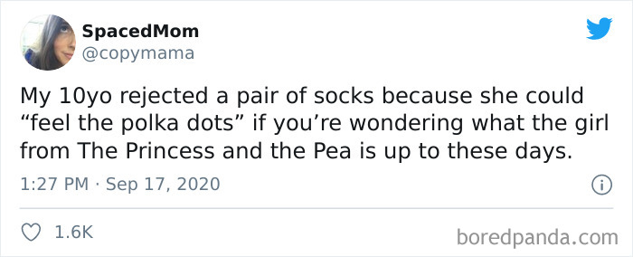 Tweet about a child rejecting socks due to sensory sensitivity, illustrating relatable parenting moments and humor.