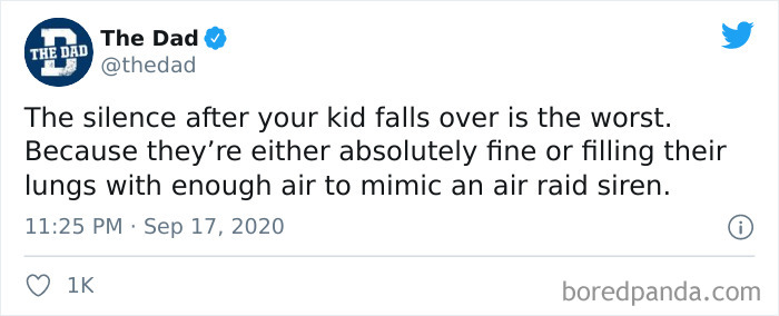 Parenting tweet humor about the silence after a child falls, reflecting common parenting experiences in September.