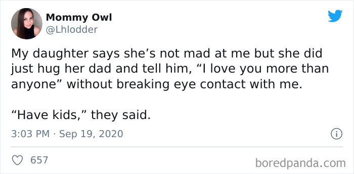 Tweet from Mommy Owl sharing a parenting moment about her daughter’s affectionate behavior and love, related to parenting tweets.