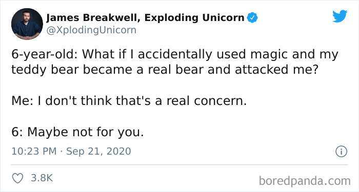 Parenting tweet showing a humorous conversation between a parent and child about a magical teddy bear turning real.