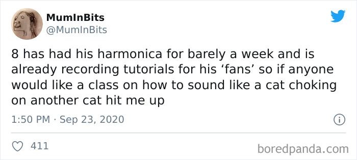 Parenting tweet about a child recording harmonica tutorials humorously described as sounding like a cat choking.