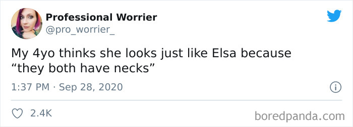 Parenting tweet from Professional Worrier humorously comparing her 4-year-old to Elsa, illustrating relatable parenting moments.