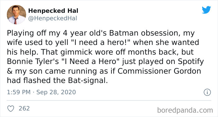 Parenting tweet about using Batman and a song to get a child's attention, highlighting creative parenting moments.