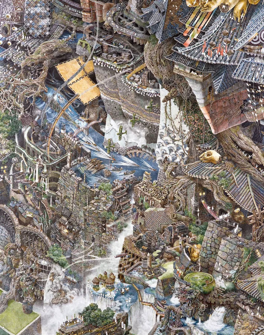 Japanese Artist Fits Entire Worlds Into His Drawings, And His Surreal Works Take Him Years (28 Pics)