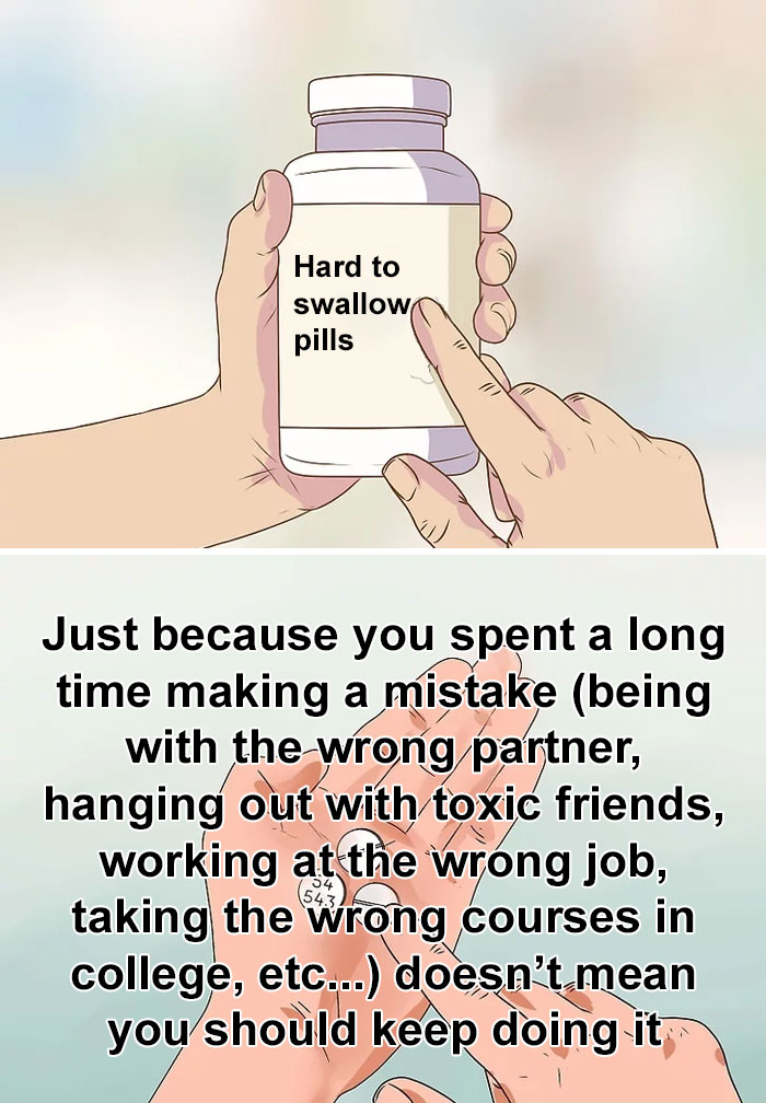 Meme featuring "Hard To Swallow Pills" bottle, highlighting a difficult truth about mistakes and changing paths.