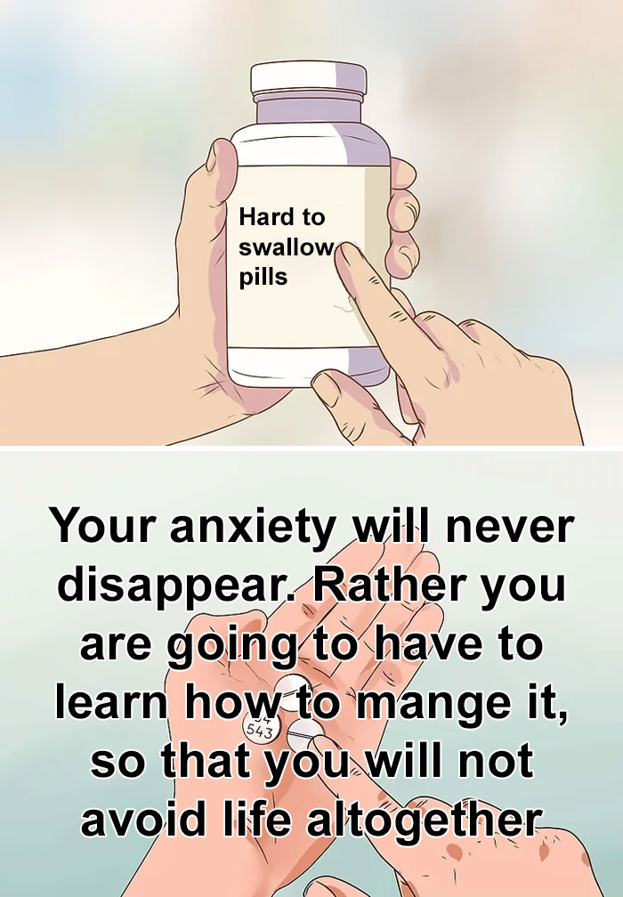 Illustration of "hard to swallow pills" meme with text about managing anxiety.