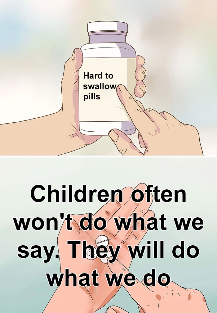Drawing of hands holding a "Hard to swallow pills" bottle with text on parenting truth.