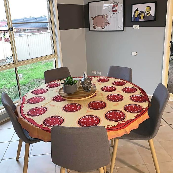 I’m An Avid Pepperoni Pizza Fan. Was Going To Make A Bean Bag For The Kid Til Husband Said He Thought It Was A Table Cloth. Perfect Fit For Our Table. Now It Can Make Me Happy All Day Err Day
