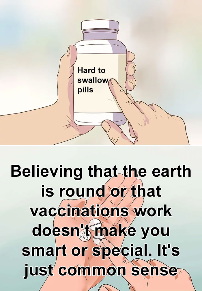 "Hard to swallow pills meme highlighting a difficult truth about common beliefs and intelligence."