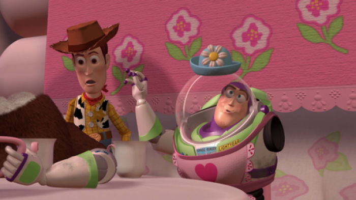 In Toy Story, Due To Budgetary Constraints, The Animators Had To Reuse The Character Model For Buzz Lightyear For Another Character; Mrs. Nesbitt. They Hid They're Subtle Trickery With A Hat An Apron, But If You Look Closely You Can See She Is Missing The Same Arm Buzz Lost Earlier On.