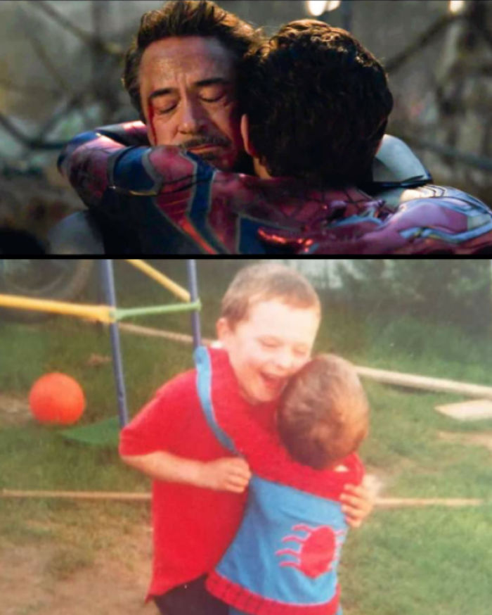 In Avengers:endgame (2019) Iron Man (Robert Downey Jr) Can Be Seen Wearing Red And Embracing Spiderman(Tom Holland).this Is A Reference To A Picture My Mom Took Of Me And My Brother When We Were Kids