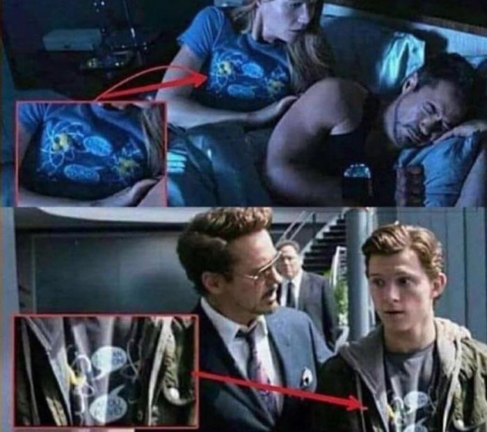 When With Tony, The Shirt Peter Wears In Spider-Man: Homecoming (2017) Is The Same As The One Pepper Wears In Iron Man 3 (2013), A Subtle Nod To The Fact That The Shirt Belongs To Tony And That He Regularly Sleeps With Both Of Them.