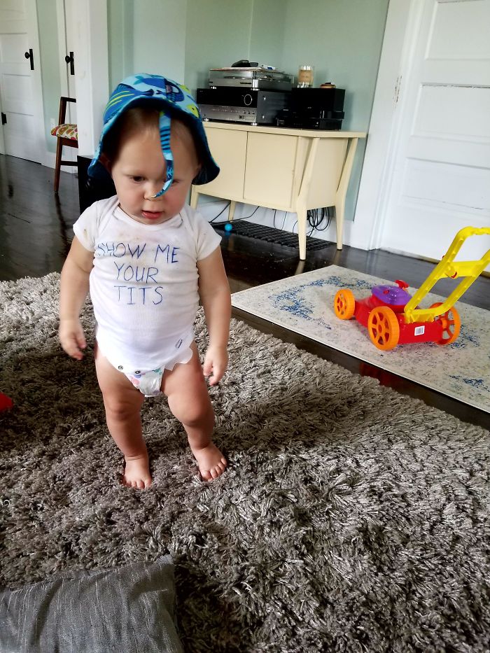 My Wife Asked Me To Update Her On How Me And Our Son Were Doing. I Dressed Him In This Homemade Onesie And Told Her We Were Headed To The Store