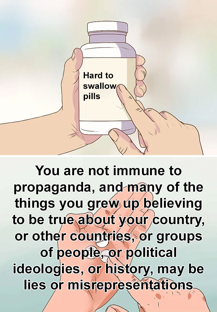 "Hands holding a bottle labeled 'Hard to swallow pills' with text about challenging propaganda beliefs."