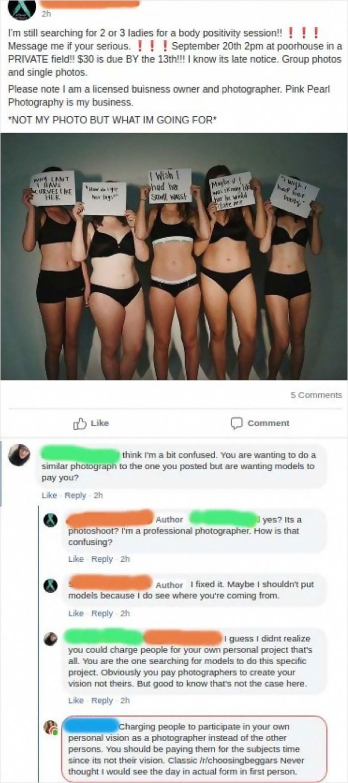 Professional Photographer Wants Local "Models" To Pay Her To Fulfill Her Own Vision