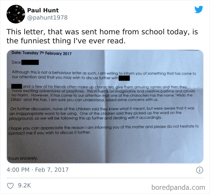 “[Your Kid] And A Few Of His Friends Often Make Up Characters, Give Them Amusing Names, And Then Have Exciting Adventures At Playtimes. This In Itself Is An Imaginative And Creative Pastime … However, It Has Come To Our Attention That One Of The Characters Has The Name 'Wildo The Dildo'”