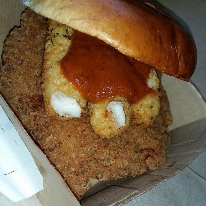 Chicken Parm Sandwhich = Plain Buttermilk Crispy Chicken Sandwhich Add 3 Mozzarella Cheese Sicks And A Container Of Mariana Sauce On Top... Enjoy