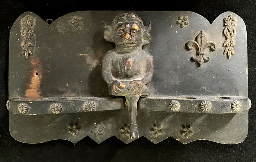 Pipe Rack With Lincoln Imp, Carved And Painted Wood With Ornamental Metal Attachments, C. Late 1800s