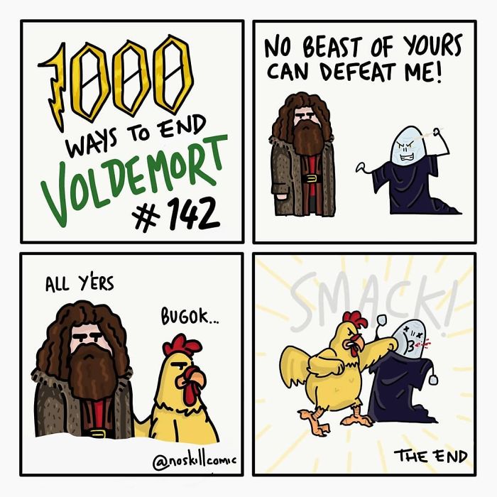 Cartoon showing a funny crossover ending Voldemort with a chicken smacking him, humor in unrealistic ways to end Voldemort.