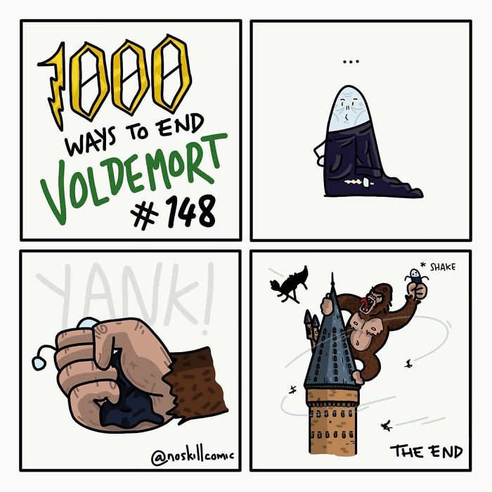 Cartoon strip showing funny and unrealistic ways to end Voldemort with crossover scenes featuring a giant hand and King Kong.