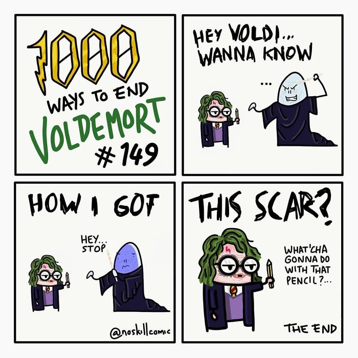 Cartoon comic showing funny and unrealistic ways to end Voldemort with crossovers in a playful illustrated style.