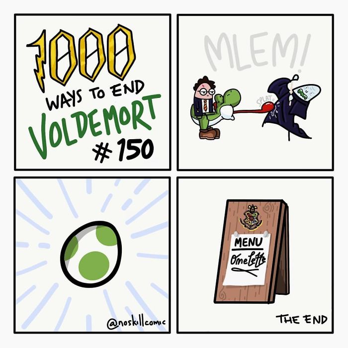 Cartoon showing a funny crossover way to end Voldemort with a dinosaur and Hogwarts menu in a comic strip.