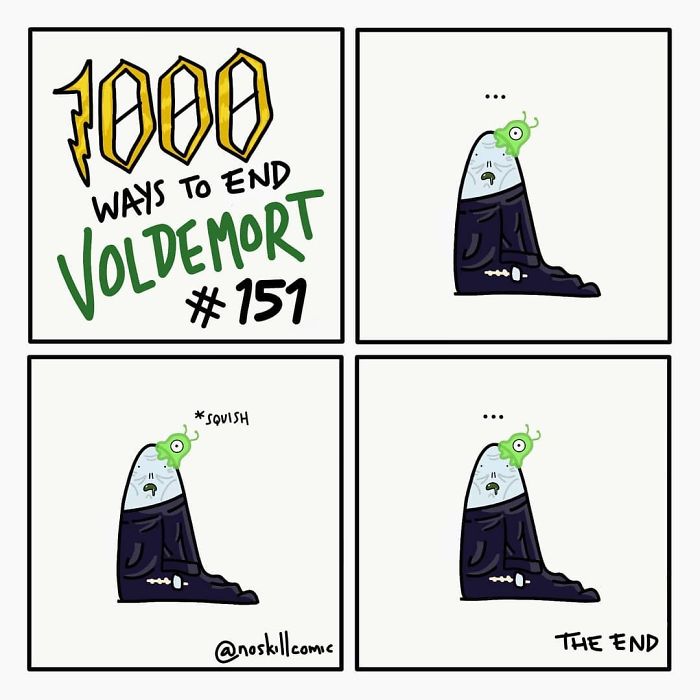Cartoon comic showing a funny and unrealistic way to end Voldemort with crossovers in four simple panels.