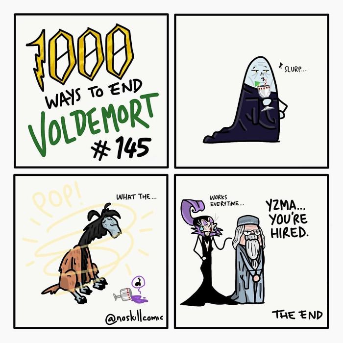 Comic strip showing funny crossover ways to end Voldemort with characters reacting to a spilled drink and hiring Yzma.