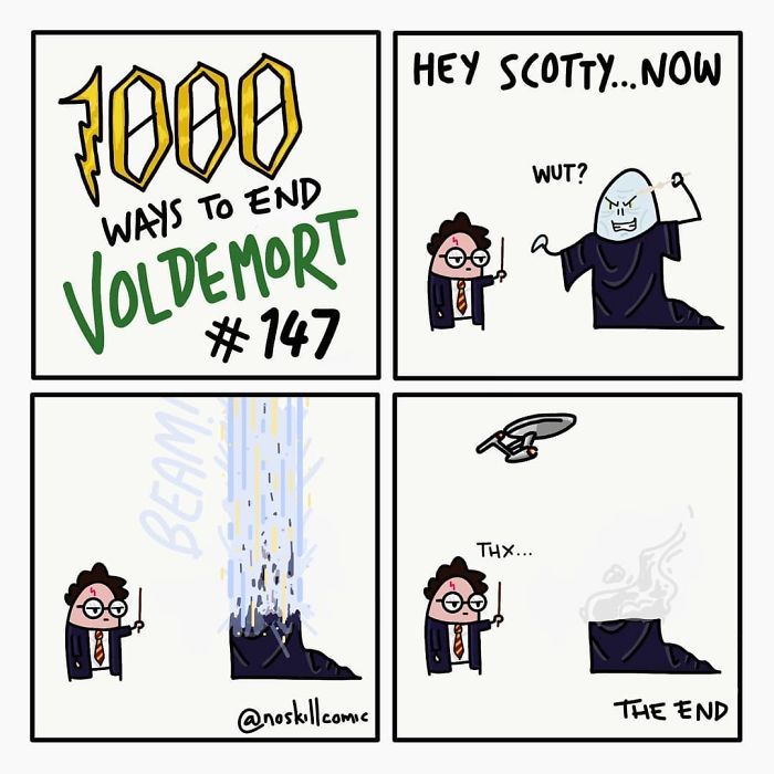 Cartoon shows a humorous crossover ending Voldemort with a sci-fi beam from a starship in a funny, unrealistic way.