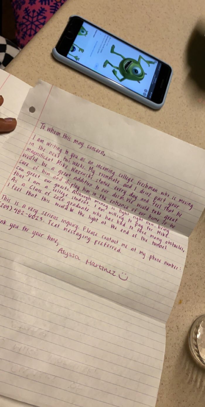 'He Will Be Mine': College Student Writes A Heartfelt Letter To A Guy Who Has A Mike Wazowski Statue In His Front Yard, He Gives It As A Gift 'He Will Be Mine': College Student Writes A Heartfelt Letter To A Guy Who Has A Mike Wazowski Statue In His Front Yard, He Gives It As A Gift