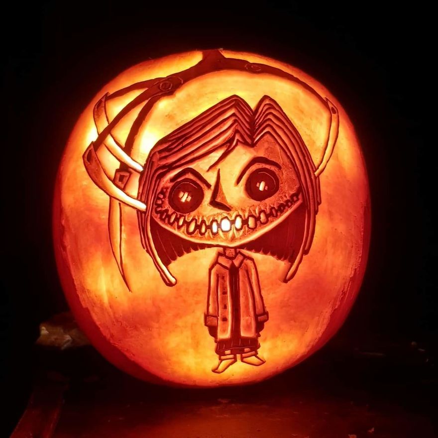 Pumpkin carving resembling a horror scene character with a sinister grin, glowing in the dark.