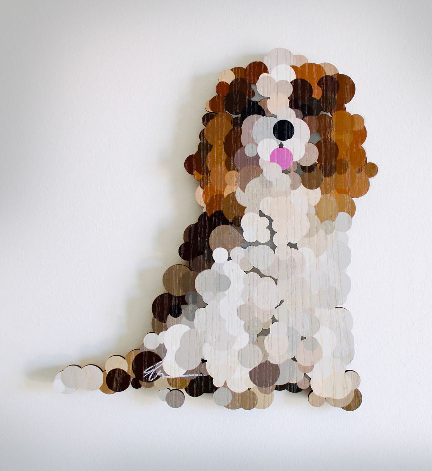 I'm Making Wooden Pointillist Happy Life-Size Dogs Showing Their Tongues