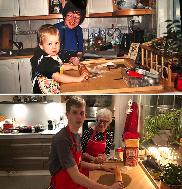 My Grandmother And My 2-Year-Old Self Baking Gingerbread Cookies. Second Pic Taken 15 Years Apart