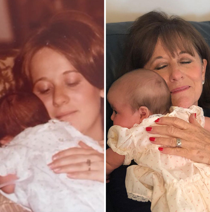 My Mom Holding Me In 1979 vs. My Mom Holding My Daughter In The Same Dress In 2019