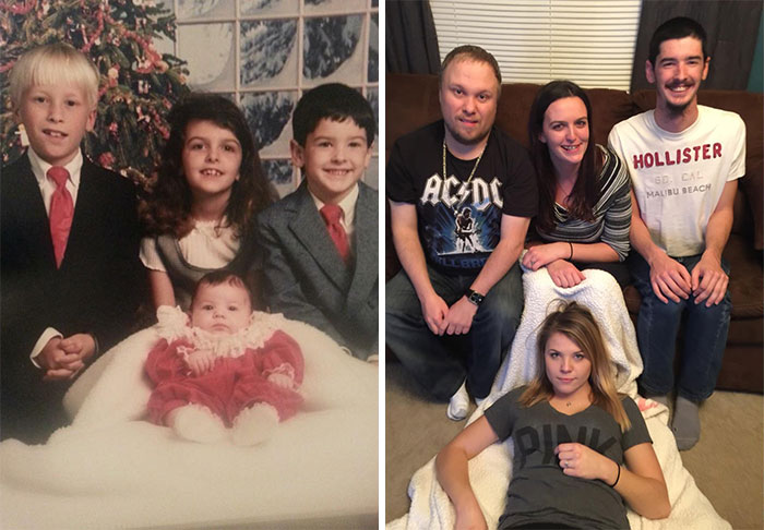 My Siblings And I Got Drunk At A Party One Night And Decided To Recreate An Old Christmas Pic. We Tried Our Best