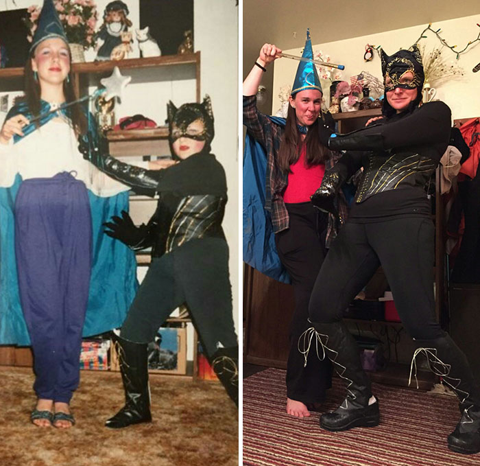 Merlin And Catwoman 1992 vs. 2019. My Mom Handmade Both Costumes And Apparently Saved Her Handiwork To Give Us A Good Laugh Years Later