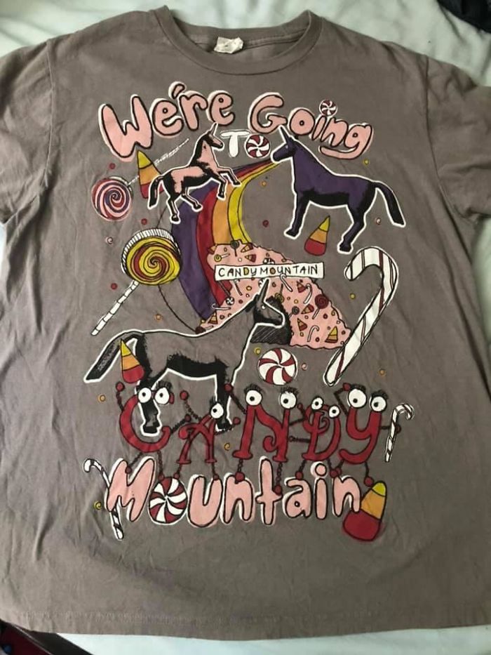 I Got This Amazing T-Shirt At A Second Hand Kilo Sale Today In Worthing UK. It’s A Bit Big But I Don’t Care, I Can Wear It To Bed. Chhhaaarrllliiee, We’re Going To Candy Mountain!! If You Know, You Know