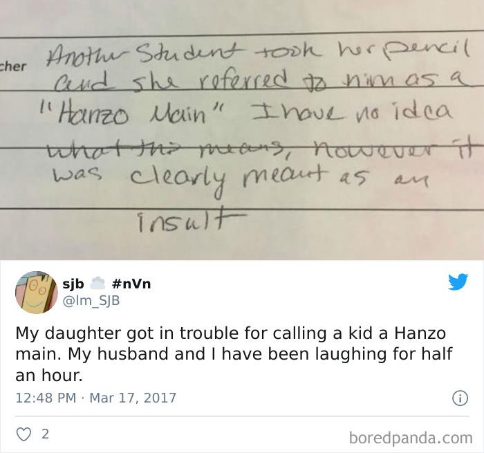 “Another Student Took Her Pencil And She Referred To Him As A ‘Hanzo Main.’ I Have No Idea What That Means, However, It Was Clearly Meant As An Insult”