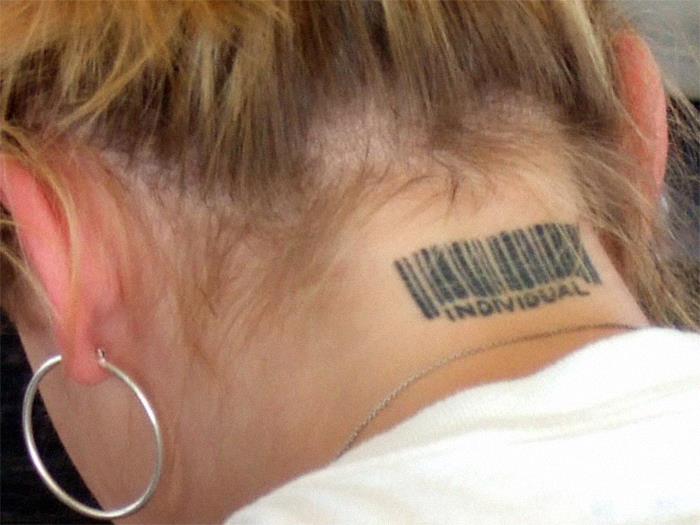 Barcode tattoo on neck, a design many tattoo artists are tired of creating.