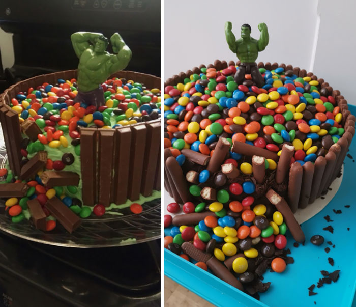 My Son Chose A Hulk Cake From Pinterest. My Attempt Is On The Right